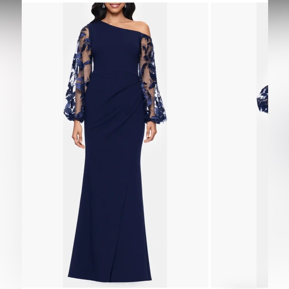 Betsy & Adam Navy One-Shoulder Dress with Lace Sleeves